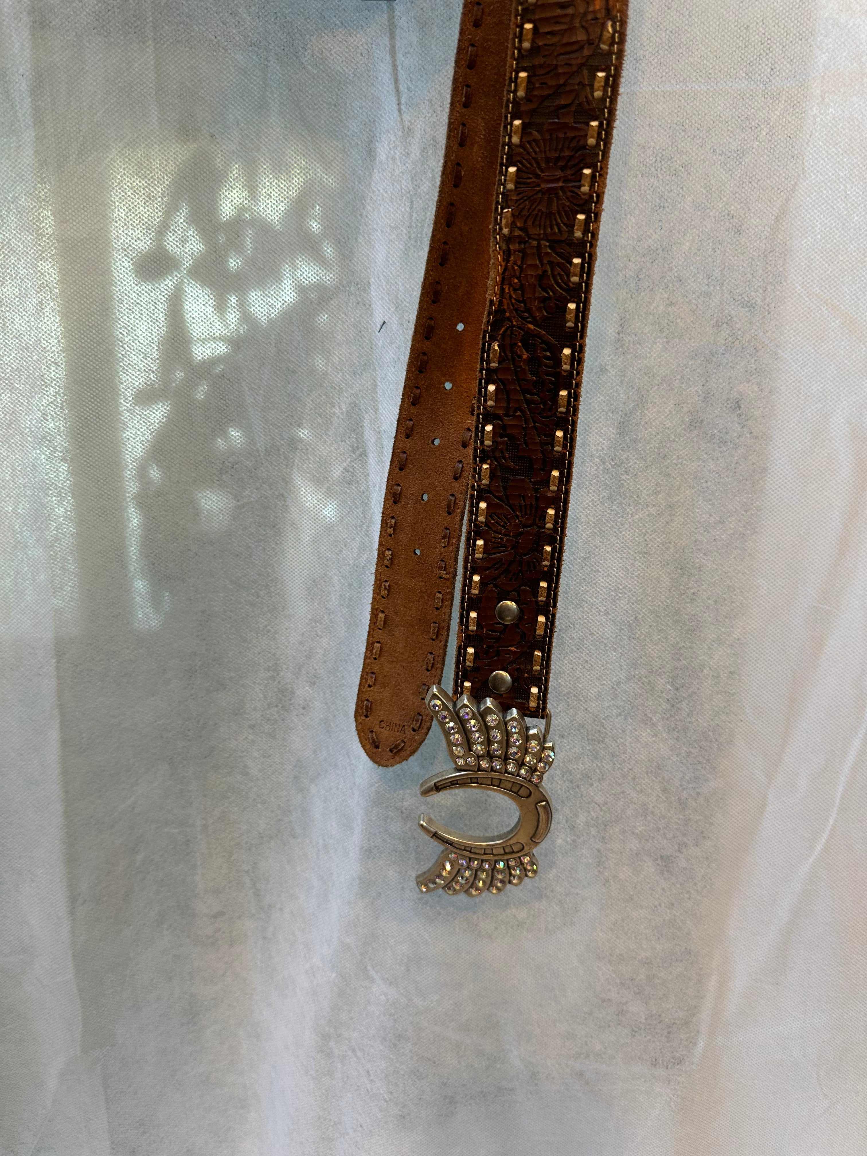 Rhinestone leather buckle belt